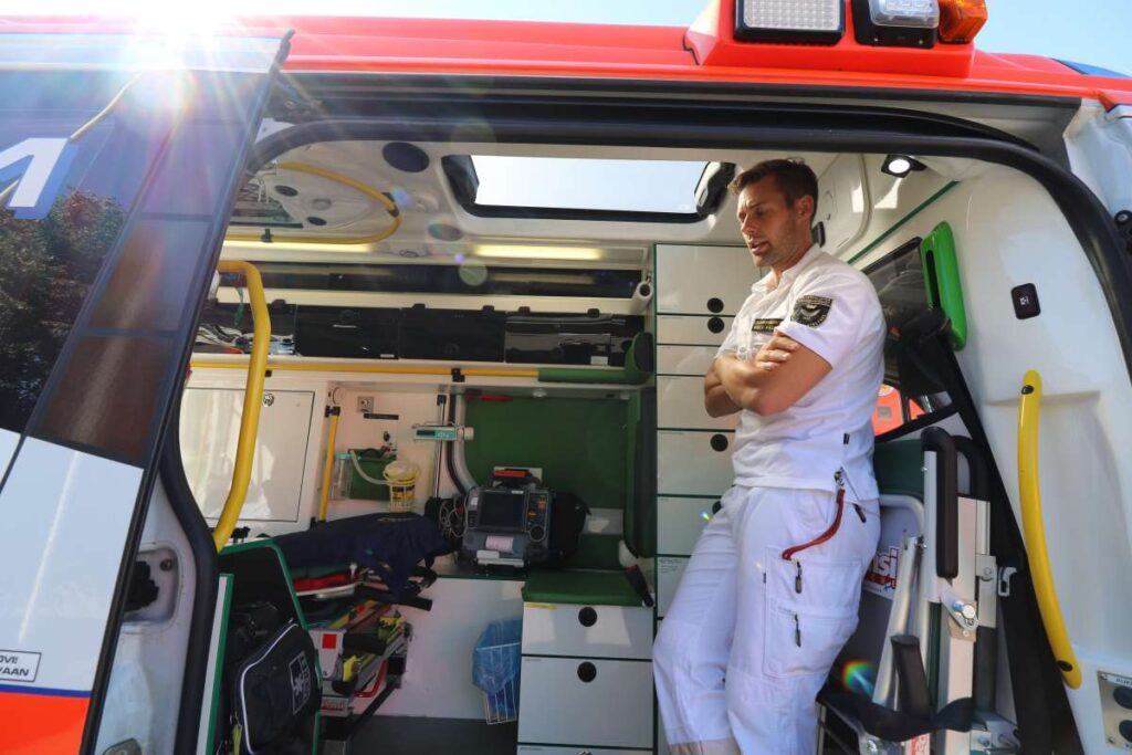 Paramedic Miika Kauppinen shows Malmi's emergency center's ambulance